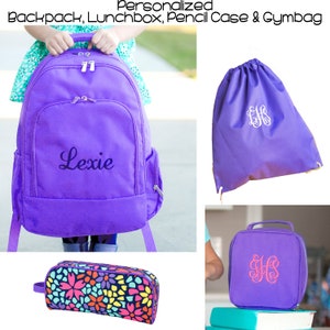 Purple Personalized Backpack, Personalized Lunch Box, Monogrammed Gym Bag, Embroidered Backpack Sets, Monogrammed Backpack