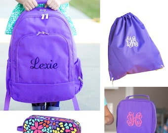 Purple Personalized Backpack, Personalized Lunch Box, Monogrammed Gym Bag, Embroidered Backpack Sets, Monogrammed Backpack