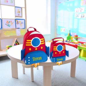 May include: A red and blue rocket-shaped backpack and a matching lunch bag, both featuring yellow accents, a large blue circular window, and the name Stevan embroidered in yellow on the front. Each item has blue side fins and orange flames.
