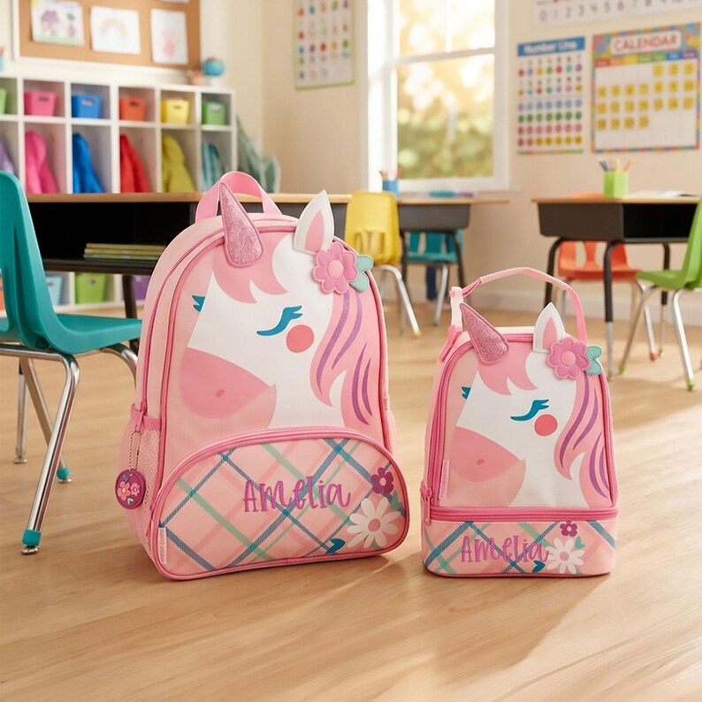 May include: A pink backpack and matching lunch bag set featuring a white unicorn face with a glittery horn, pink mane, and a flower accent. Both items display a pink, blue, and white plaid pattern at the base with the name Amelia printed in script.