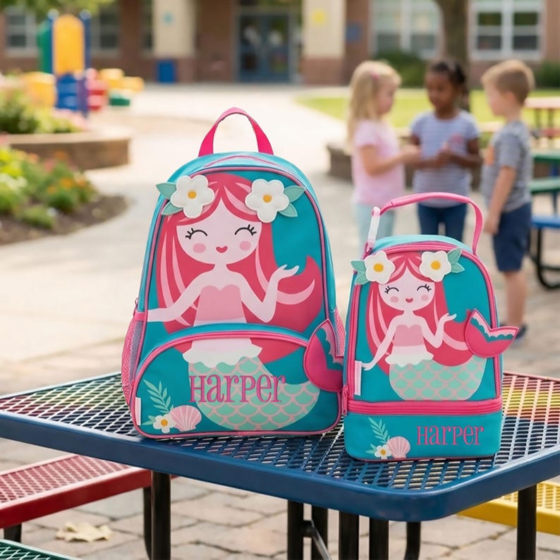 May include: A teal and pink backpack and matching lunch bag set featuring a cartoon mermaid graphic with white flowers in her hair. Both items are personalized with the name Harper in pink text and include a pink handle and trim details.