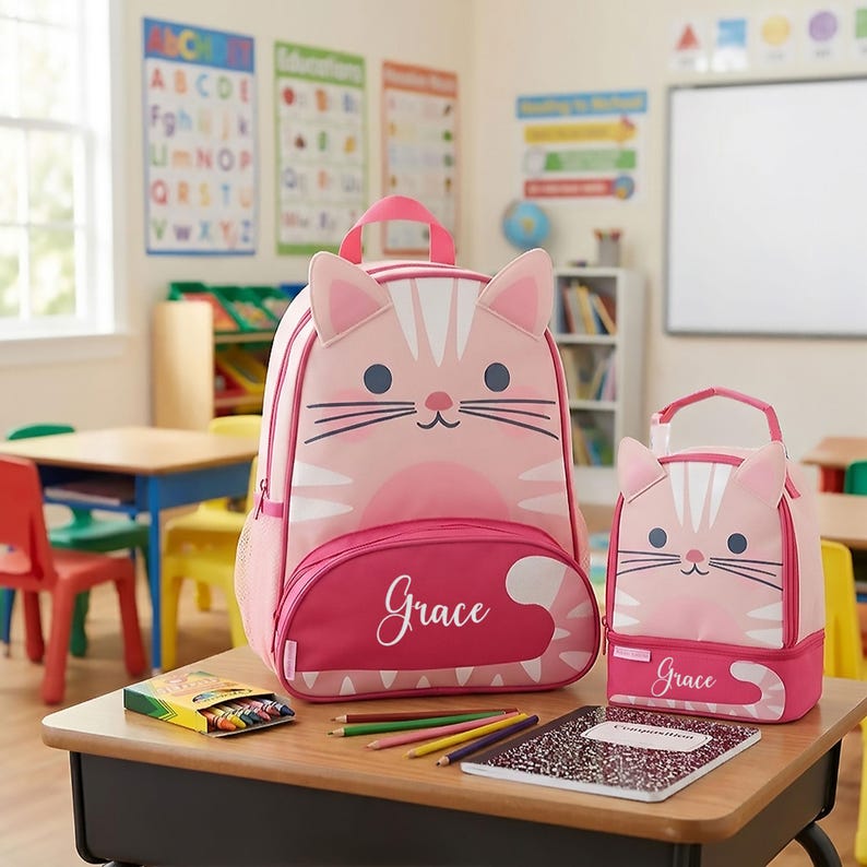 May include: A pink cat-themed backpack and matching lunch bag, both featuring the name Grace in white script. The items have pointed ears, whiskers, and a dark pink bottom section. A box of crayons and a composition notebook sit on the desk.