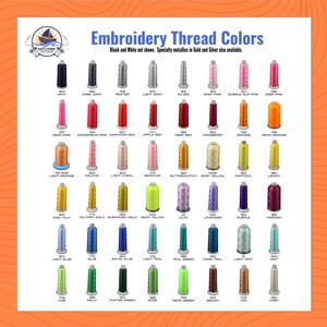 May include: A color chart displaying various embroidery thread spools arranged in rows. The text reads Embroidery Thread Colors, Black and White not shown. Specialty metallics in Gold and Silver also available. Each spool has a number and color name.