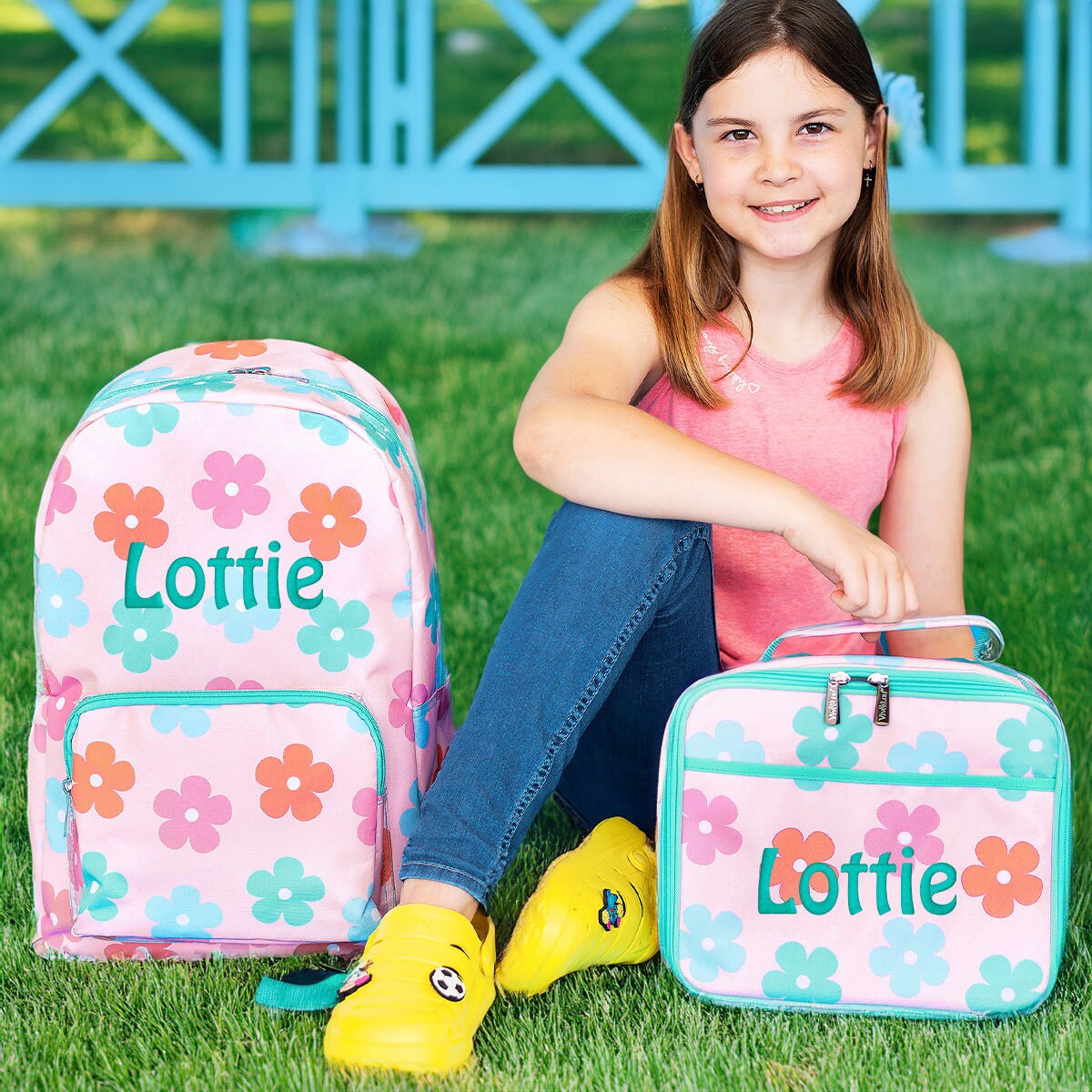 Daisy Backpack & Lunchbox Set, Personalized Backpack, Lunchbox and pencil bag with Embroidered Name, Kids School Backpack Set