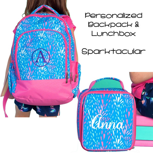 Personalized Kids Backpack, Embroidered Backpack, Monogrammed Lunch Box, Embroidered Lunchbox Personalized Bag in Sparktacular