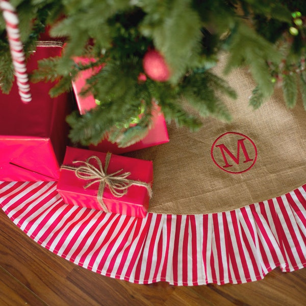 Burlap Ruffle Holiday Tree Skirt, Christmas Tree Skirt, Personalized Christmas Tree Skirt, Striped Tree Skirt, Monogrammed Tree Skirt