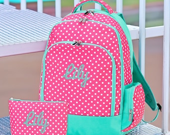 Pink Polka Dot Kids Backpack, Embroidered Monogram, Back to School