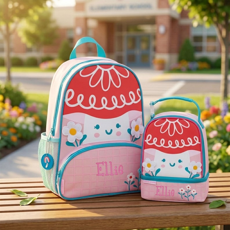 May include: A pink backpack and a matching lunch bag featuring a red mushroom cap design with white floral accents and a smiling face. Both items are personalized with the name Ellie in pink script and include light blue trim and mesh side pockets.