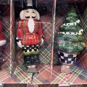 MacKenzie-Childs Holiday Canape Knife Set 4 Santa Snowman Tree Nutcracker NIB image 3