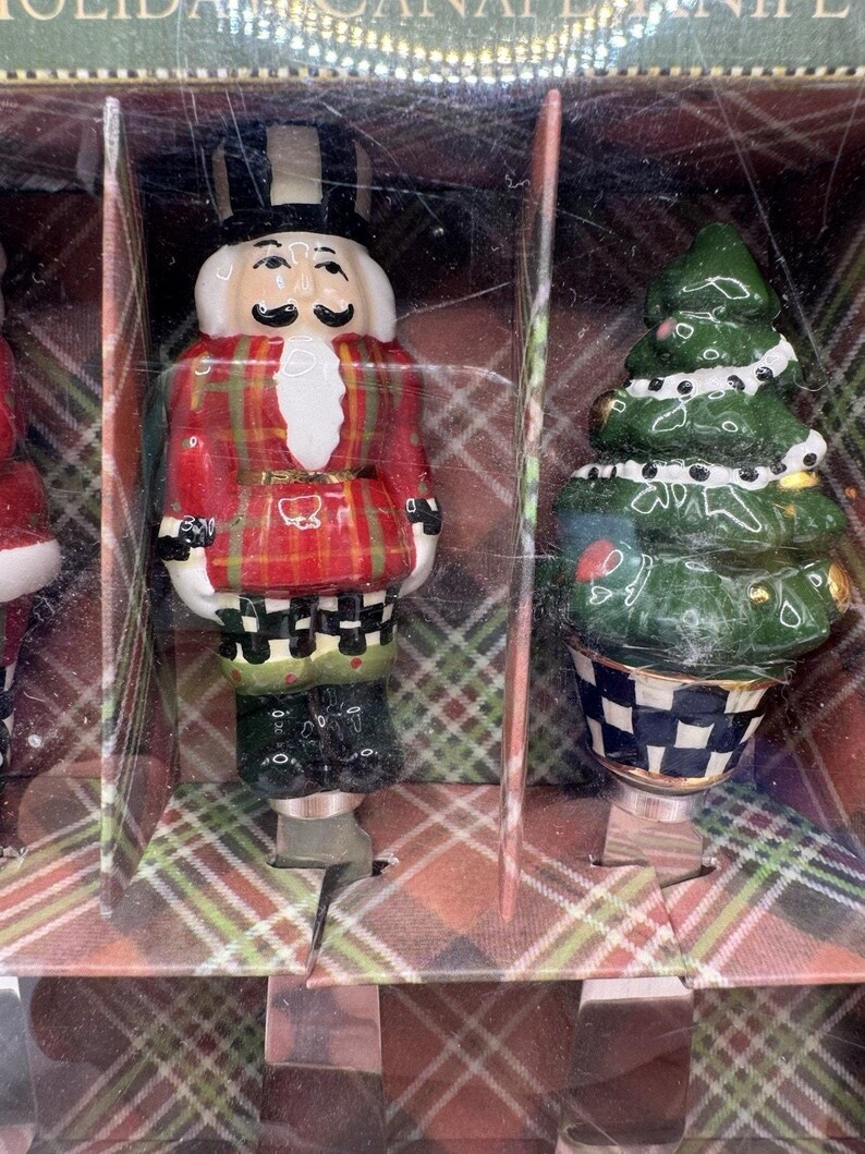 MacKenzie-Childs Holiday Canape Knife Set 4 Santa Snowman Tree Nutcracker NIB image 3