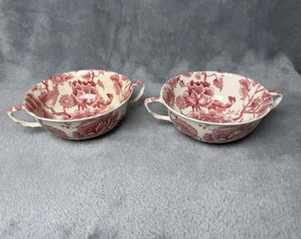 Johnson Bros England Red Handled Soup Bowls Pair Ironstone Floral 1930s-50s RARE