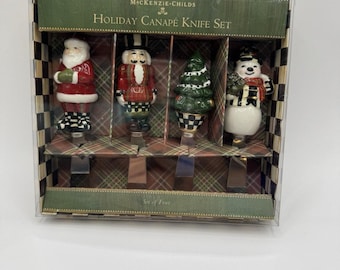 MacKenzie-Childs Holiday Canape Knife Set 4 Santa Snowman Tree Nutcracker NIB