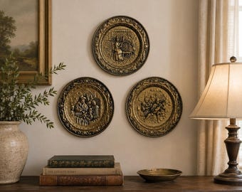 Vintage English Brass Wall Plaques Set of 3 Embossed Brass Wall Plates Cottage Decor