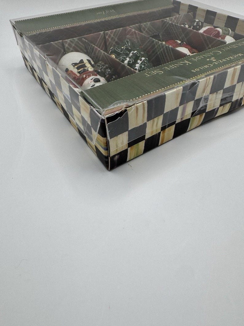 MacKenzie-Childs Holiday Canape Knife Set 4 Santa Snowman Tree Nutcracker NIB image 7