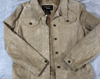90s Tan Suede Leather Trucker Jacket Minimalist Western Boho Women’s Large