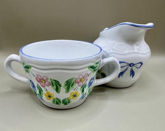 Herend Pottery Bow Cottagecore Creamer & Sugar Set Hand Painted Floral Tableware
