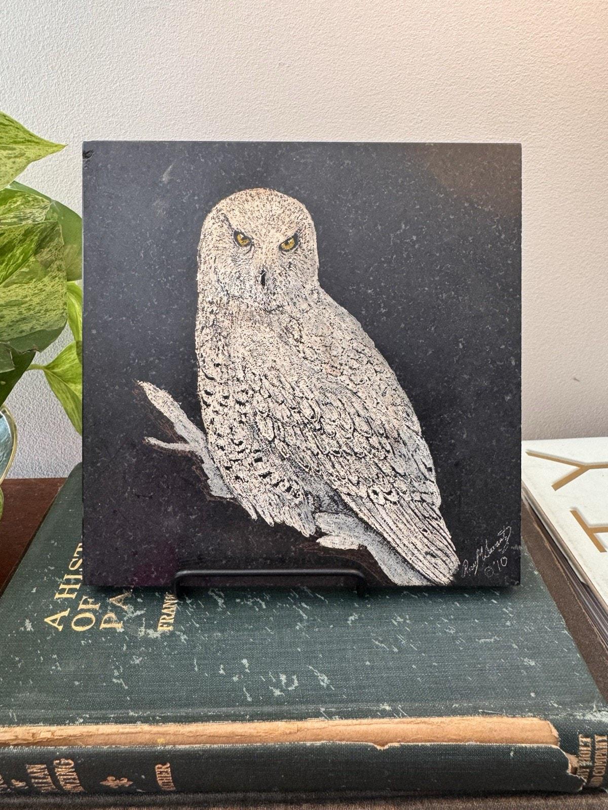 Vintage Snowy Owl Etched Slate Art Tile Signed Wildlife American Studio Craft Ray M Swartz 1970