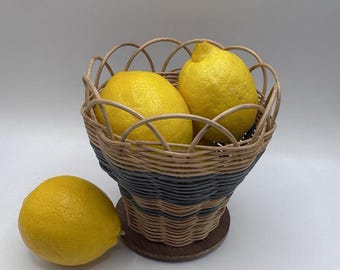 Handwoven Wicker Basket Wood Base Scalloped Rim Two Tone Fruit Basket
