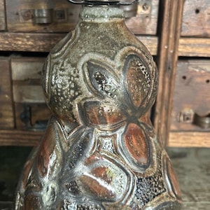 Vintage Studio Pottery Lamp 1970s Drip Glaze Ceramic Floral Relief Signed Base
