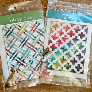 Può includere: Due pacchetti di modelli di quilting, uno intitolato "Jelly Weave" con un design geometrico colorato e un cucciolo, e l'altro intitolato "Trellis" con un design geometrico colorato. Entrambi i pacchetti sono di Cluck Cluck Sew.