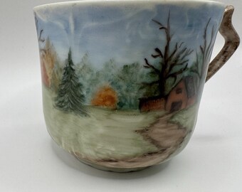 Vintage Hand Painted Mustache Mug Bustard Signed Cabin Landscape Pottery
