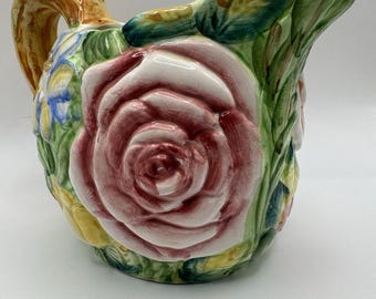 Takahashi San Francisco Hand Painted Floral Pitcher Japan Raised Roses Vintage