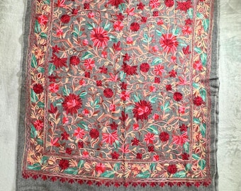 Hand Embroidered 100% Cotton Cashmere Wrap Shawl Nepal Floral Scarf Boho Wrap Gray Red Beautiful!