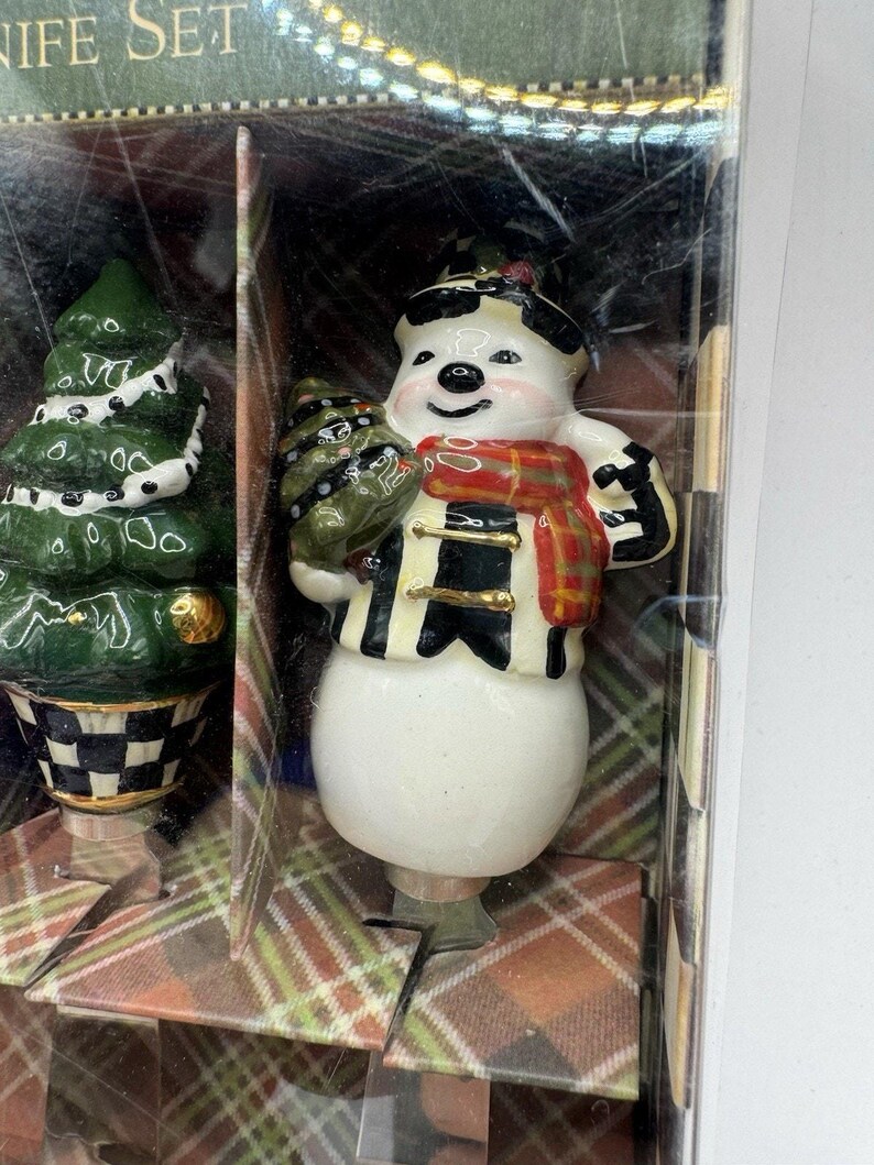 MacKenzie-Childs Holiday Canape Knife Set 4 Santa Snowman Tree Nutcracker NIB image 5