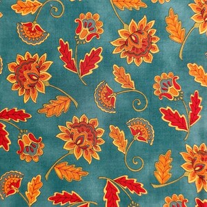 May include: Teal fabric with a repeating floral pattern. The design features stylized flowers in shades of orange, red, and yellow, with green stems and leaves. The flowers have intricate details, and the overall effect is a vibrant, decorative textile.