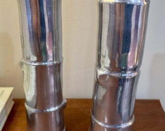 Vintage Pewter Bamboo Candlesticks Pair Palm Beach Regency Coastal Decor