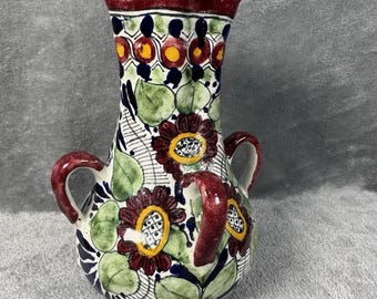 Talavera La Corona Tlaxcala Mexico Hand Paint8.5” Vase 4 Handles Floral Pottery