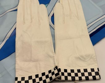 1960s Mod Leather Driving Gloves Woven Checkerboard Cuff NOS Size 7