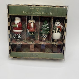 MacKenzie-Childs Holiday Canape Knife Set 4 Santa Snowman Tree Nutcracker NIB image 1