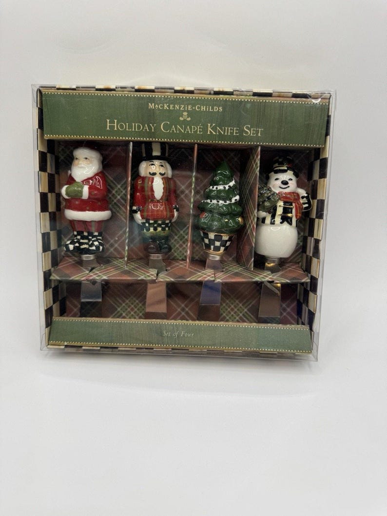 MacKenzie-Childs Holiday Canape Knife Set 4 Santa Snowman Tree Nutcracker NIB image 1