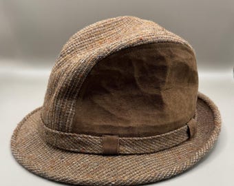 Vintage Stetson Fedora Hat Brown Tweed Wool Suede Panel Satin Lined Size 7.5 USA