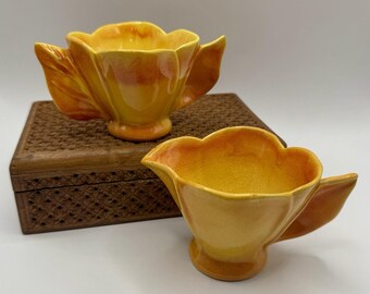 Mid Century Lotus Creamer Sugar Set Orange Yellow Pottery Leaf Handles Tableware