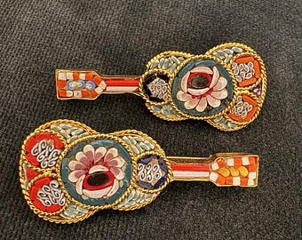 Vintage Italian Micro Mosaic Mandolin Brooch Pins Pair Gilt Italy