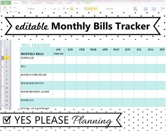 Monthly Bill Tracker – Expense and Bill Payment Log Printable Checklist– Editable Excel Spreadsheet Template– Yearly Bill Organizer