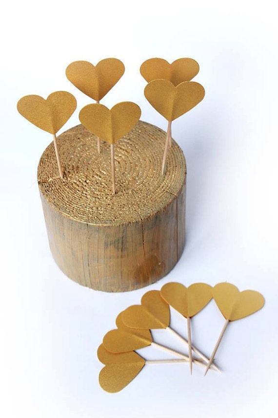 Heart Cupcake Toppers in Gold Wedding Cupcake Toppers Baby Etsy