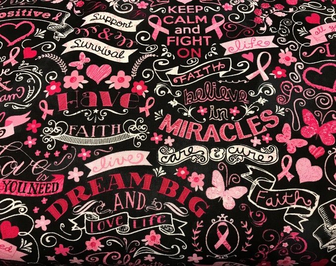 Chalkboard Pink Ribbon 100% cotton fabric, sold by the yard #549