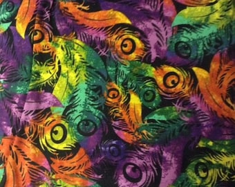Feathers in Mardi Gras colors,100% cotton fabric sold by the yard