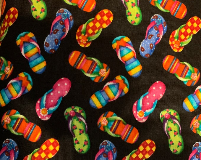 Bright multicolored flip flops 100% cotton fabric, sold by the yard