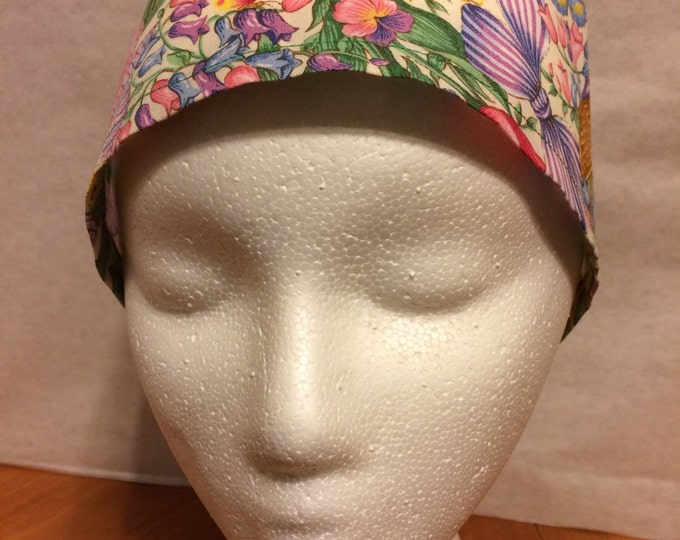 Spring print, fabric, tie back, surgical cap