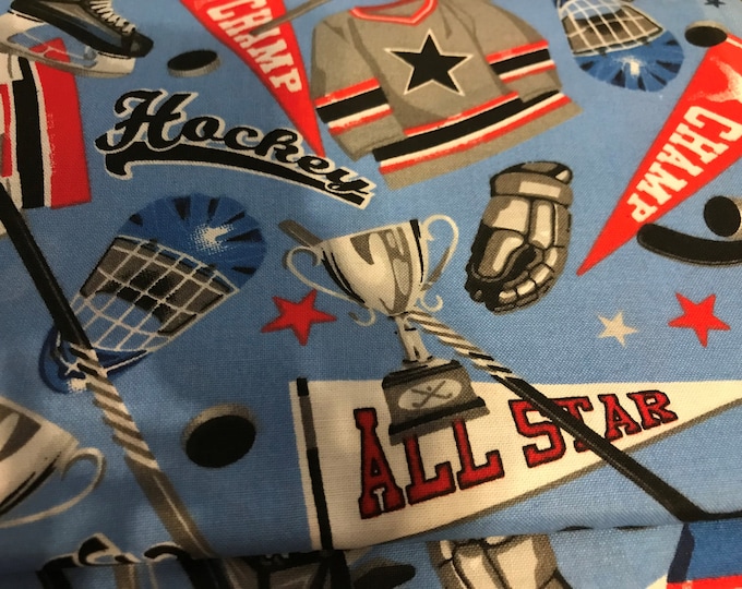 Hockey Gear 100% cotton fabric, sold by the yard. #534