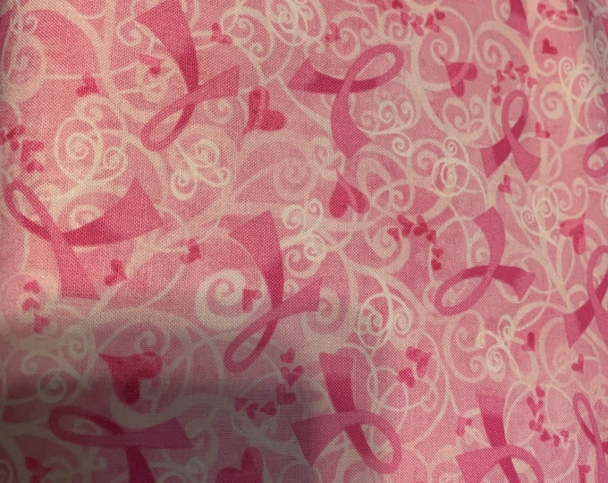 Pink and white Ribbon  100% cotton fabric, sold by the yard