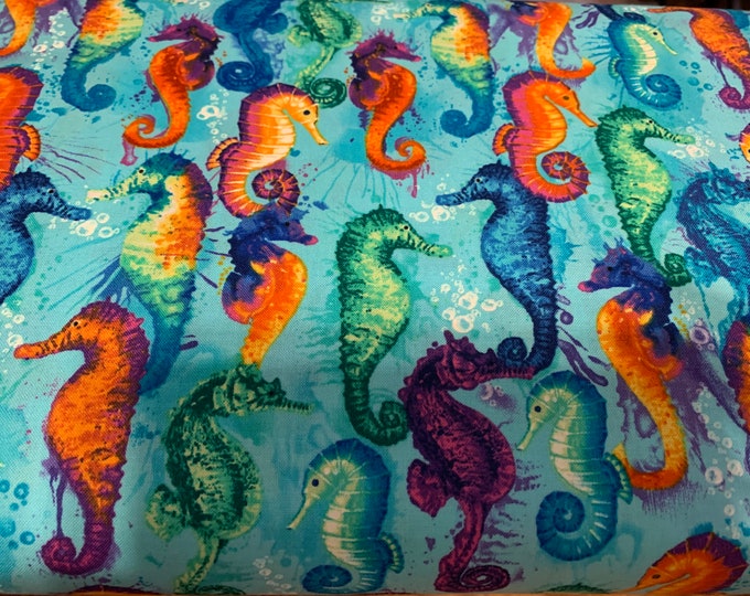 Swimming Sea horses 100% cotton fabric, sold by the yard