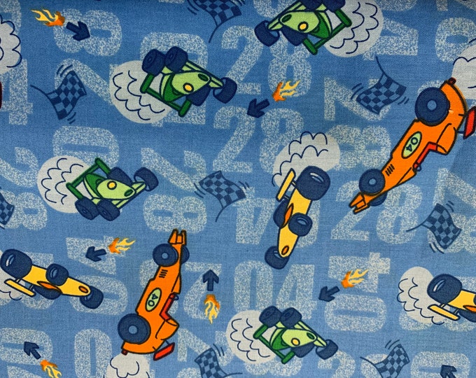 Race cars  100% cotton fabric, sold by the yard