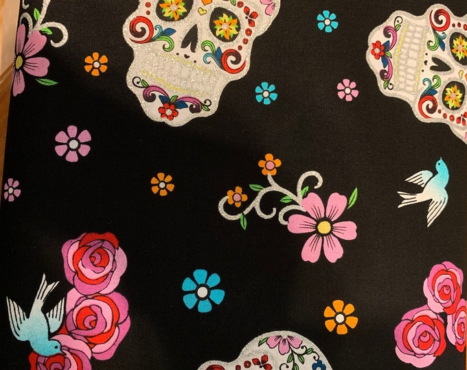 Day of the Dead glitter 100%cotton fabric, sold by the yard