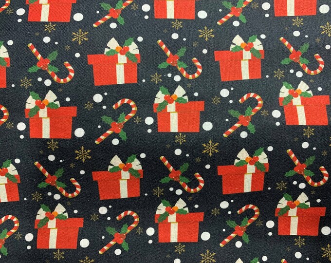 Packages and candy canes 100% cotton fabric sold by the yard