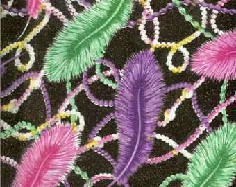Mardi Gras Feathers 100% cotton, sold by the yard #319
